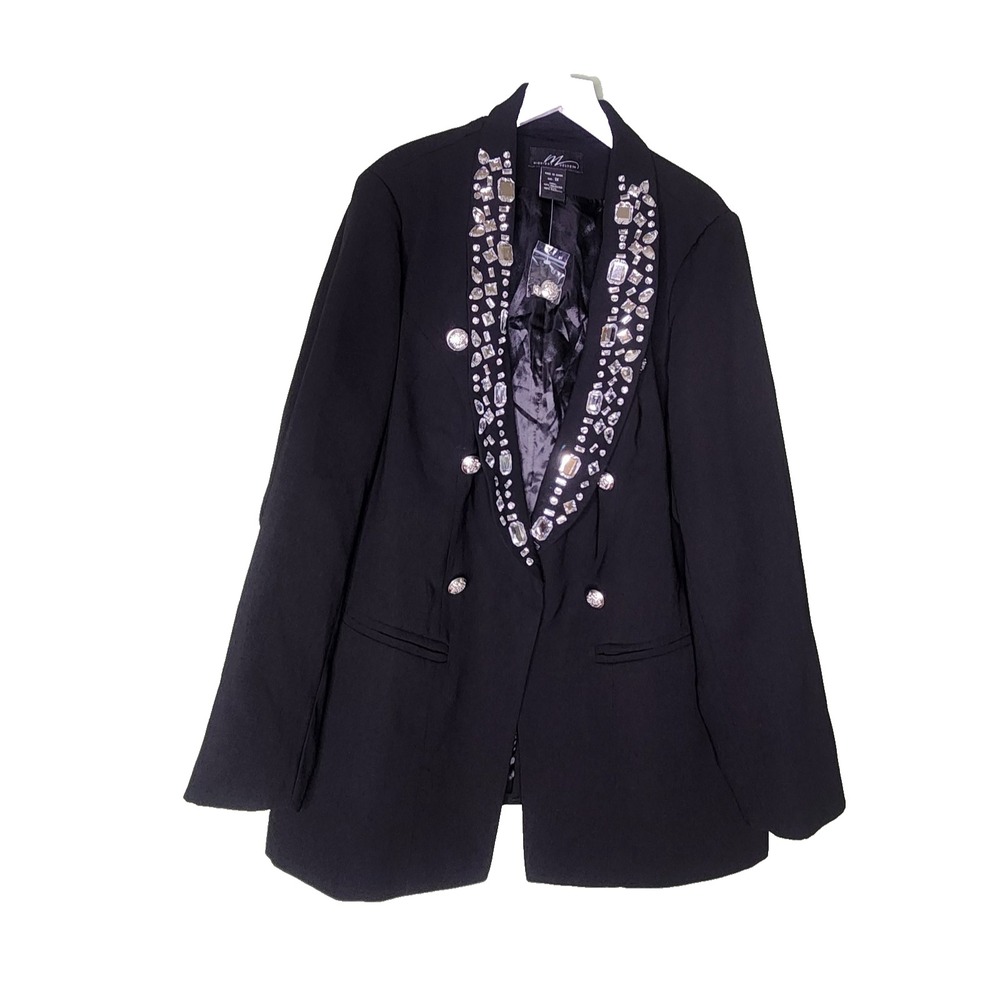 Midnight Velvet Rhinestone Blazer Black One‎ Button Single Vent Party Evening 1X